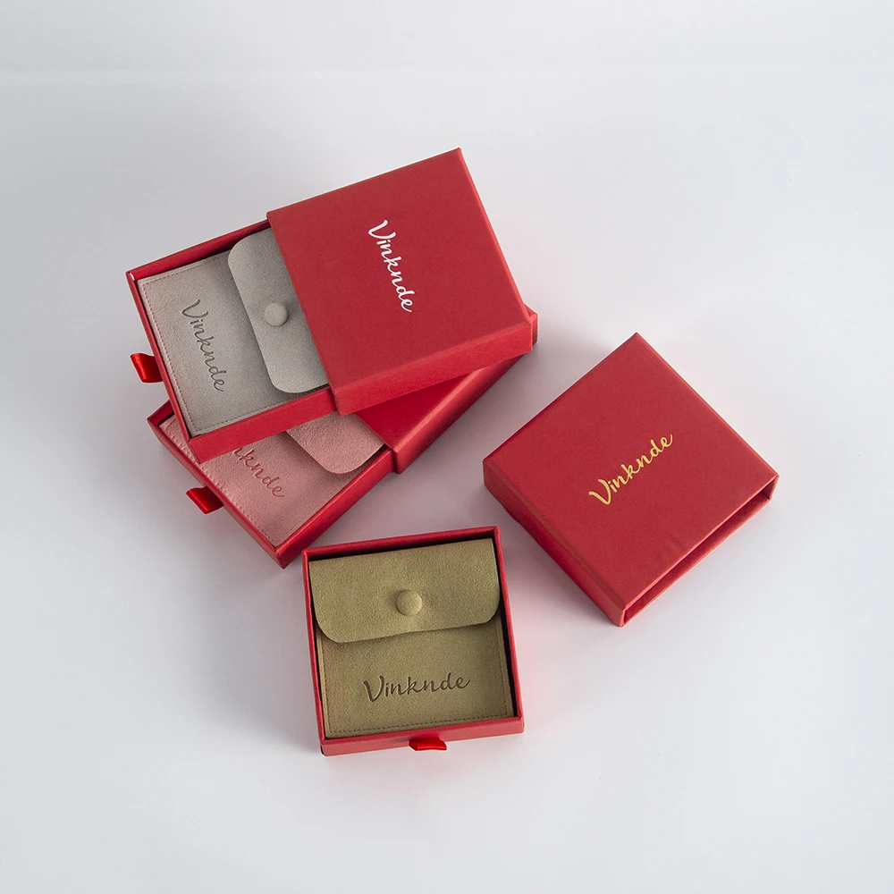 Small 8x8cm Microfiber Suede Gift Bag Snap Button Pouch 9x9x3.2cm Red Paper Drawer Box Earring Jewelry Packaging Organizer Case