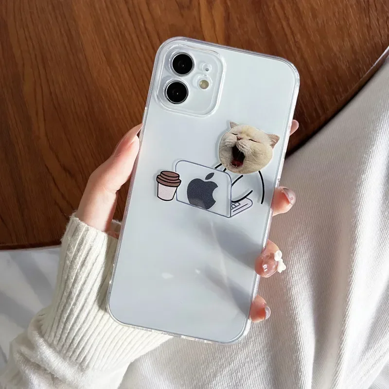 thumbnail image 1 of Funny Cartoon Working Cats and Dogs Clear Phone Case For iPhone 15 14 13 12 11 Pro Max Mini XR X 14Plus Thin Soft Silicone Cover, 1 of 5