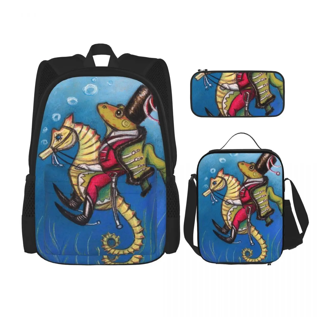 Happy Frog Riding On Seahorses School Bag Set for Teenagers Girls Boys Student Travel Book Kids Mochila |