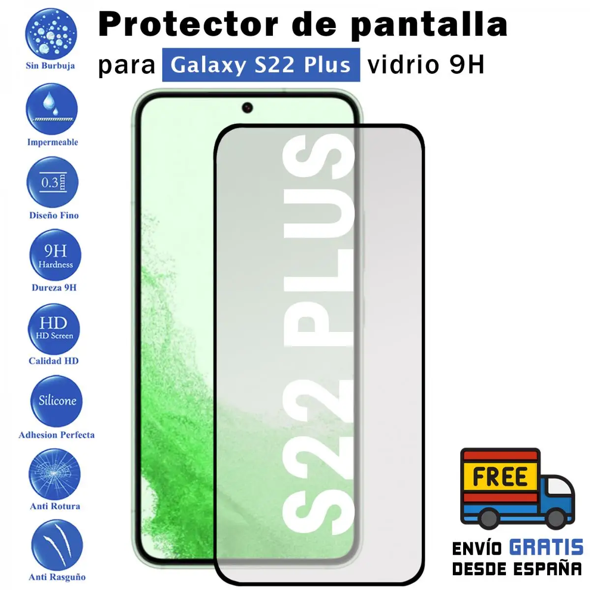 Samsung S22 Plus Black Tempered Glass Screen Protector 9H For Movil - Todotumovil