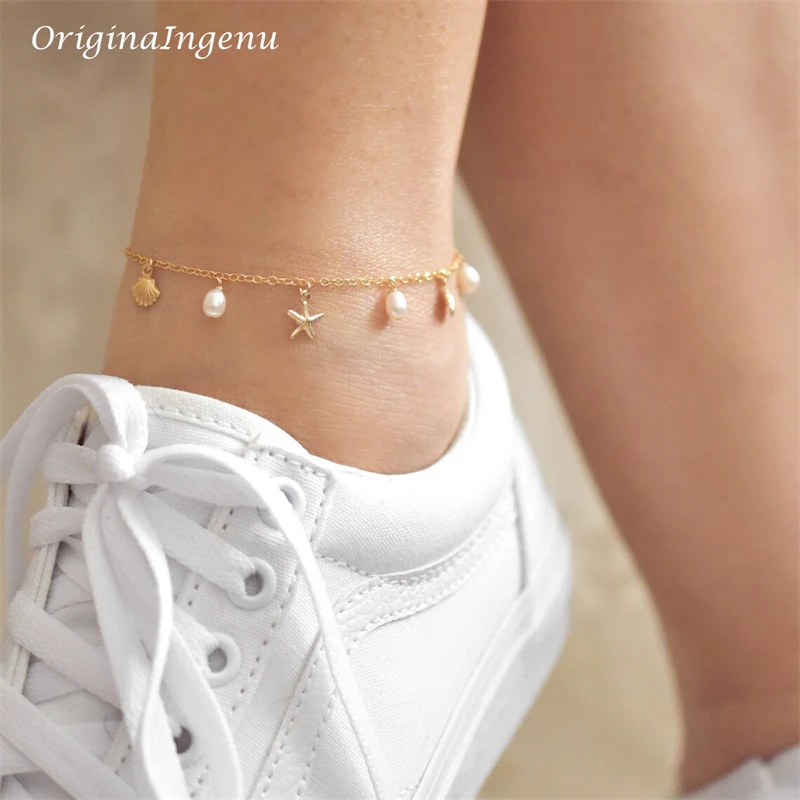 

14K Gold Filled Beachy Charm Anklet Bracelet Handmade Natural Pearls Bracelet Custom Lenght Jewelry Vintage Boho Women Jewelry