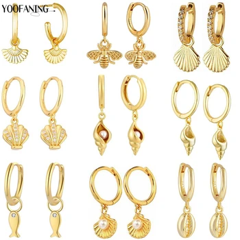 925 Sterling Silver Ear Needle Retro Gold Silver Hoop Earrings Shell/conch/starfish Pendants Women Earring Jewelry Wedding Gift