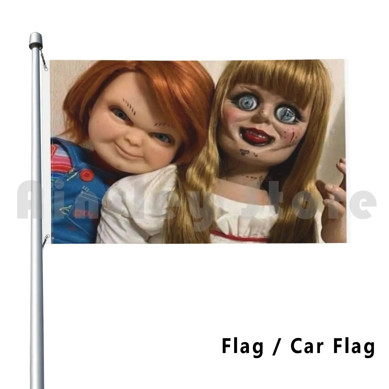 Chucky And Annabelle Flag Car Flag Funny Chucky Annabelle Horror Horror Moives Moives Bff Bff Selfie