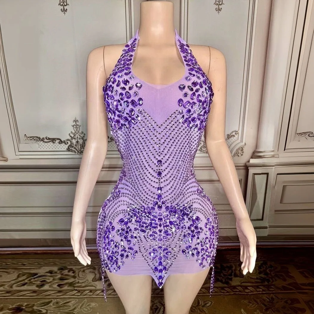 

Flashing Rhinestone Purple Color Sexy Halter Backless Transparent Mini Dress Birthday Celebrate Costume Women Dancer Prom Outfit