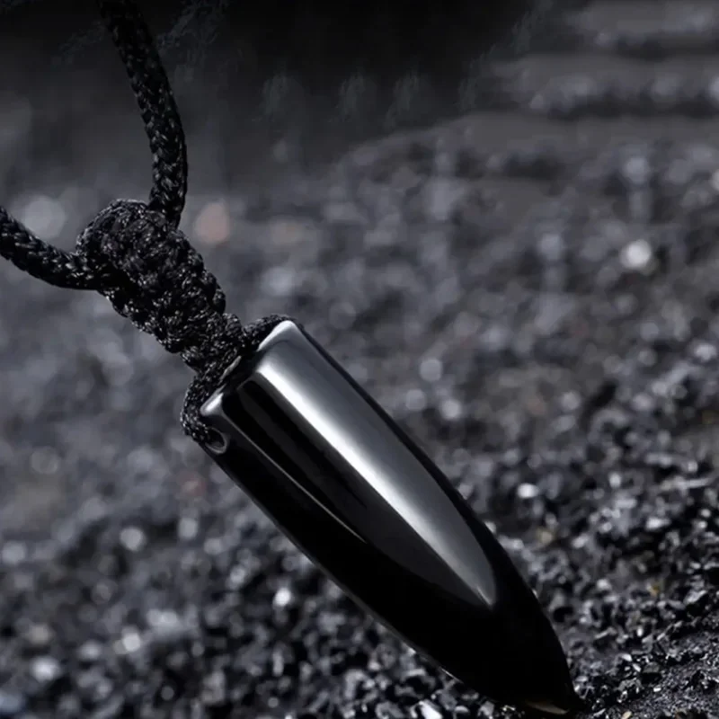 Natural Obsidian Bullet Pendant Rope Chain Men Necklace Fashion Pendant Punk Rock Style Men Jewelry