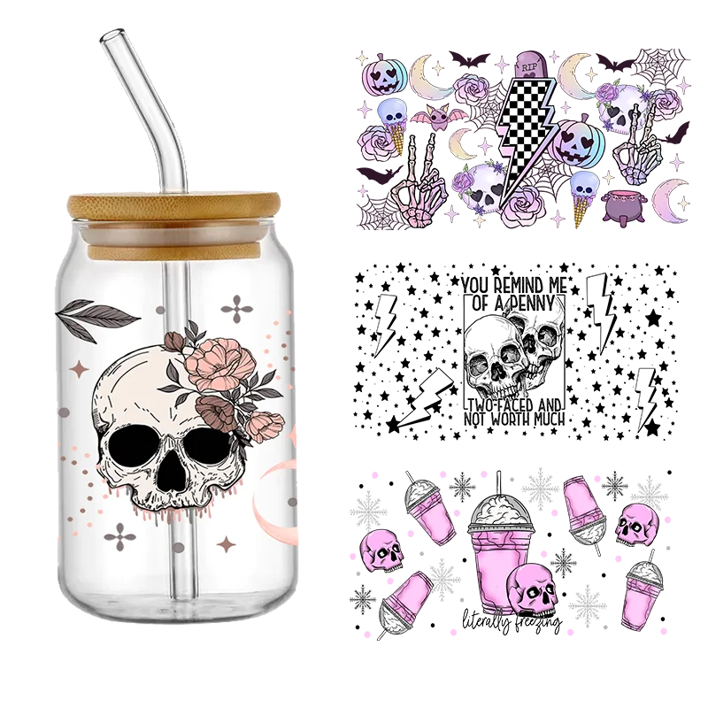 

UV DTF Transfer Sticker Skeleton Face Seamless Libbey Glass 16oz Glass Can , Skulls And Flowers 16oz Glass Can Wrap