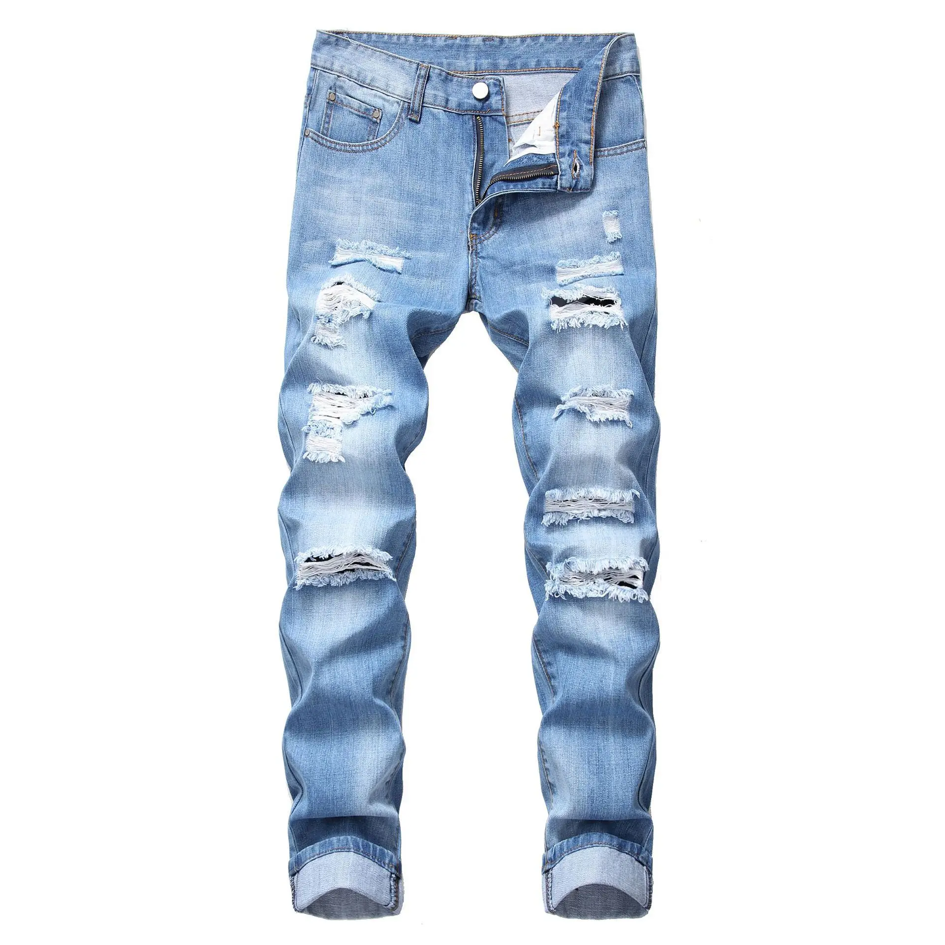 Mens Ripped Jeans Straight Slim Tattered Trousers Autumn Streetwear Large Size Denim Pants