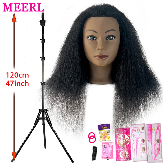 African Mannequin Training Head With Real Human Hair Manikin Cosmetology  Makeup Doll Heads And Stand For