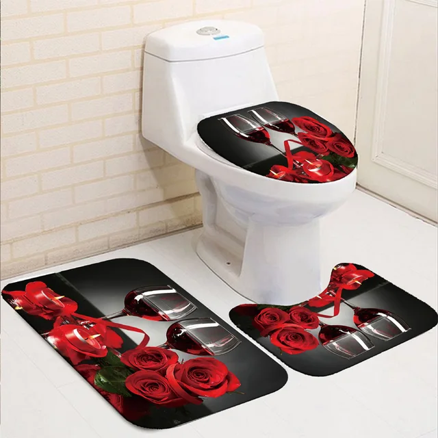 Rose Flower Shower Curtain Set Non-Slip Rugs Bath Mat Toilet Lid Cover and 12 Hooks Waterproof Polyester Bathroom Decor F-Bath Rug Mat-3Pcs