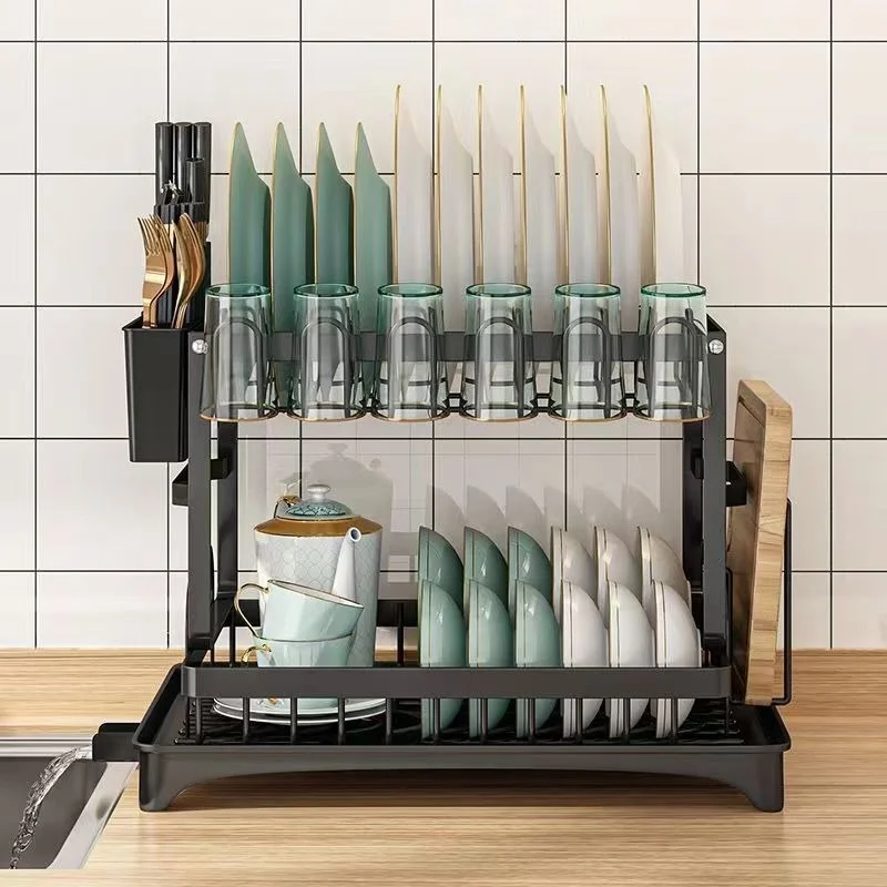 2-tier Kitchen Drain Rack Dish Storage Rack Kitchen Dish Drying Rack with Drain Tray Countertop Tableware Storage Drain Board 2