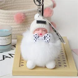 Cute Sleeping Baby Pompom Keychain Real Fox Fur Pendant For Women Bag Car Key Ring Girl Gift Charm Plush Doll Key Chain