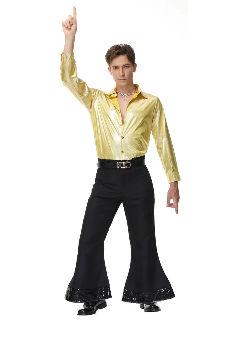 Men 60s 70s Retro Hippies Disco Costumes Cosplay Adults Night Club Hippies Dance Stagewear Outfits Halloween Party Dress Up - 3