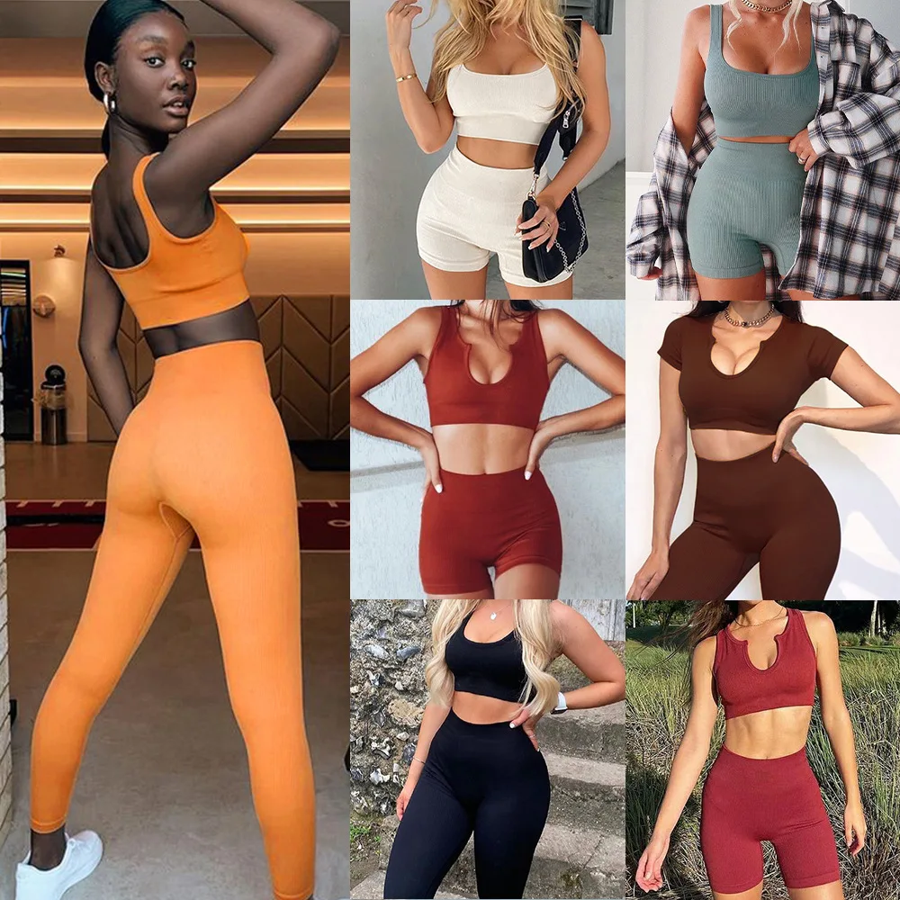 

Women's Sports Yoga Suits Seamless Bra Vests Short Sleeves High Waist Leggings Daily Basics Running Fitness Riding Sportswear