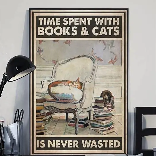 

Time Spent with Books and Cats is Never Wasted Retro Metal Tin Signs Vintage Aluminum Sign for Home Coffee Bar 8x12 Inch