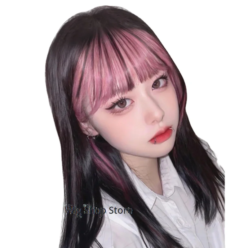 

High gloss bangs wig for women with natural forehead invisible seamless hair piece air pink High Temperature Fiber