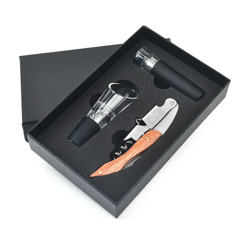 

3pcs Set Gift Box Wooden Handle Corkscrew Wine Bottle Opener Set With Stopper Pourer