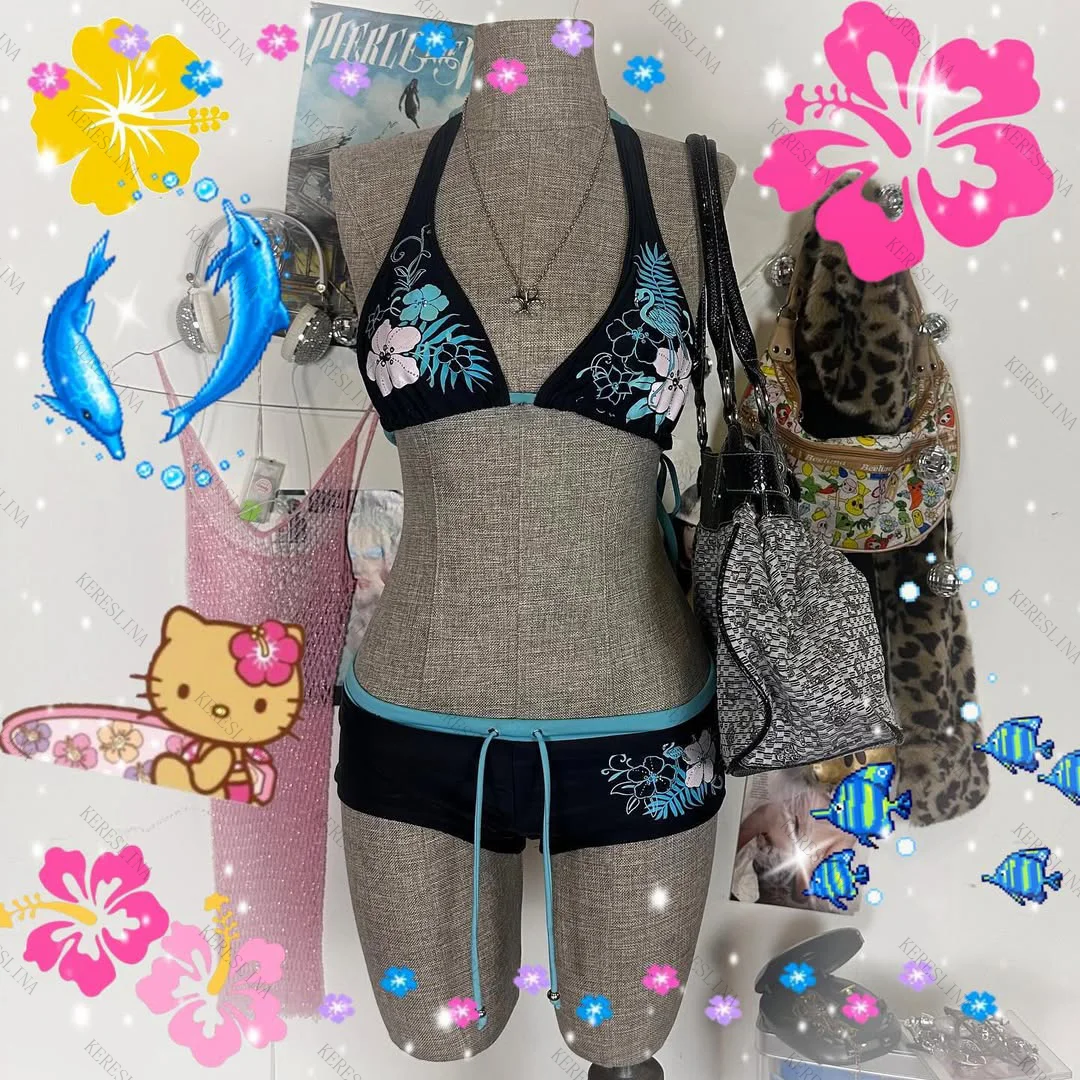 Y2K Vintage Floral Bikini Set - Sexy Halter Swimwear for Women