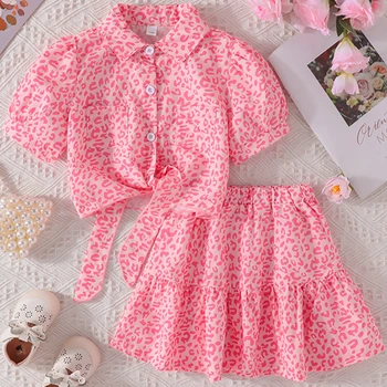2Piece Summer Outfit Luxury Girls Clothing Fashion Pink Print Short Sleeve Cotton Baby Tops+Skirt Toddler Clothes Kids Set BC142