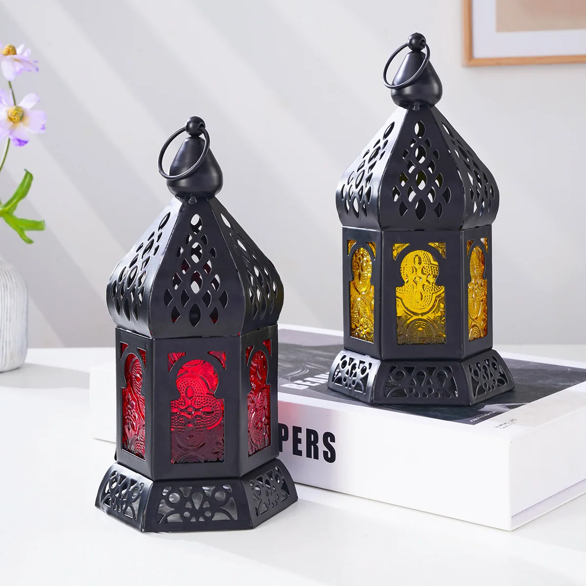 1PC, European retro ironwork, colored windproof glass, elliptical hollowed-out candlestick lighting fixture