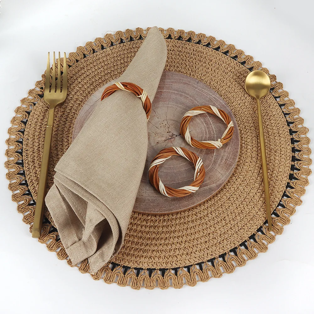 

6PCS Napkin Rings Modern Farmhouse Two-color Wooden Handmade Woven Wedding Party Holiday Decoration Wedding Scenery Napkin Rings