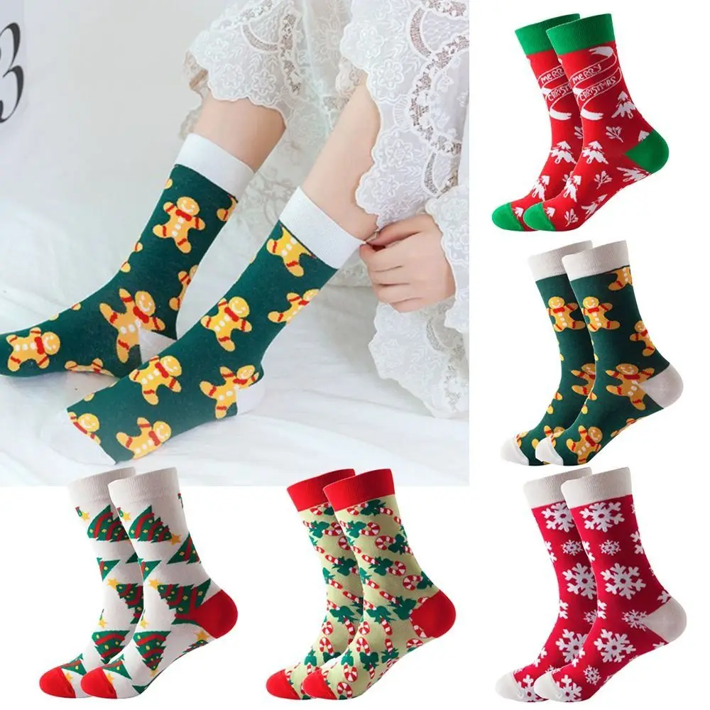 

2 Pairs Cotton Christmas Socks Warm Snowflake Santa Claus Tube Socks Christmas Tree Cartoon Pattern Thick Long Socks Sports