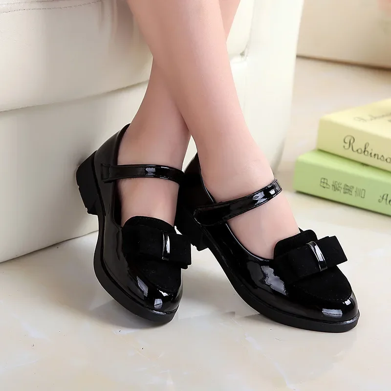Black Leather Kids Flats with Bow-knot for Girls Formal Dress