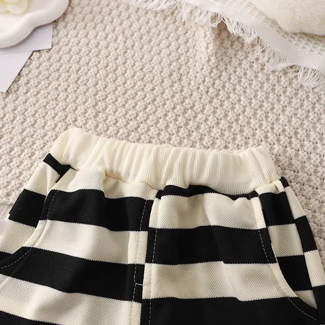 Conjuntos de verano para niños y niñas, camiseta de manga corta a rayas y pantalones cortos, chándales de cuello redondo a la moda para bebés, trajes para niños - Imagen 5