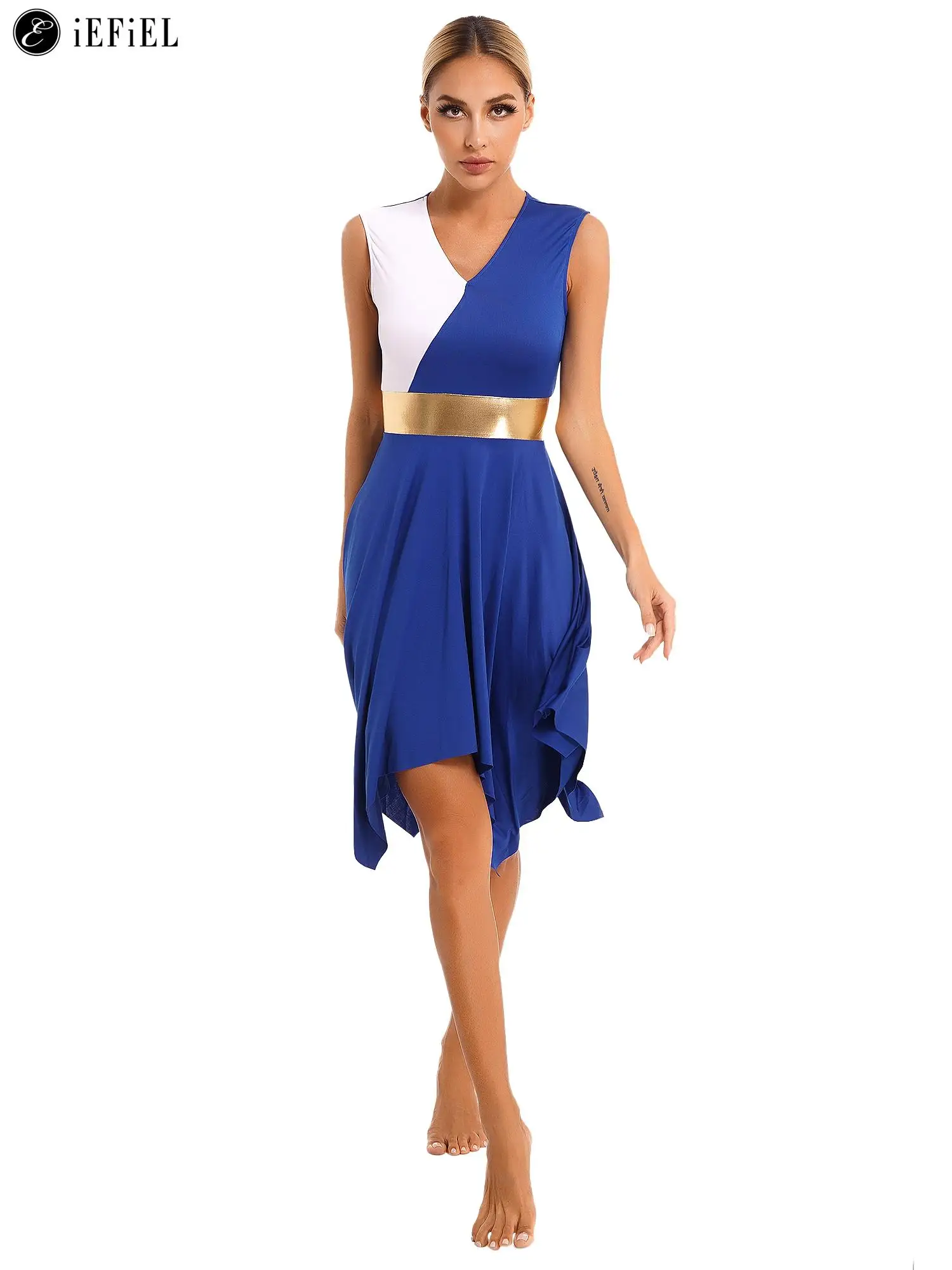 

Womens Celebration of Spirit Sleeveless Dance Dress Metallic Color Block Liturgical Praise Worship Costume Modern Dancewear