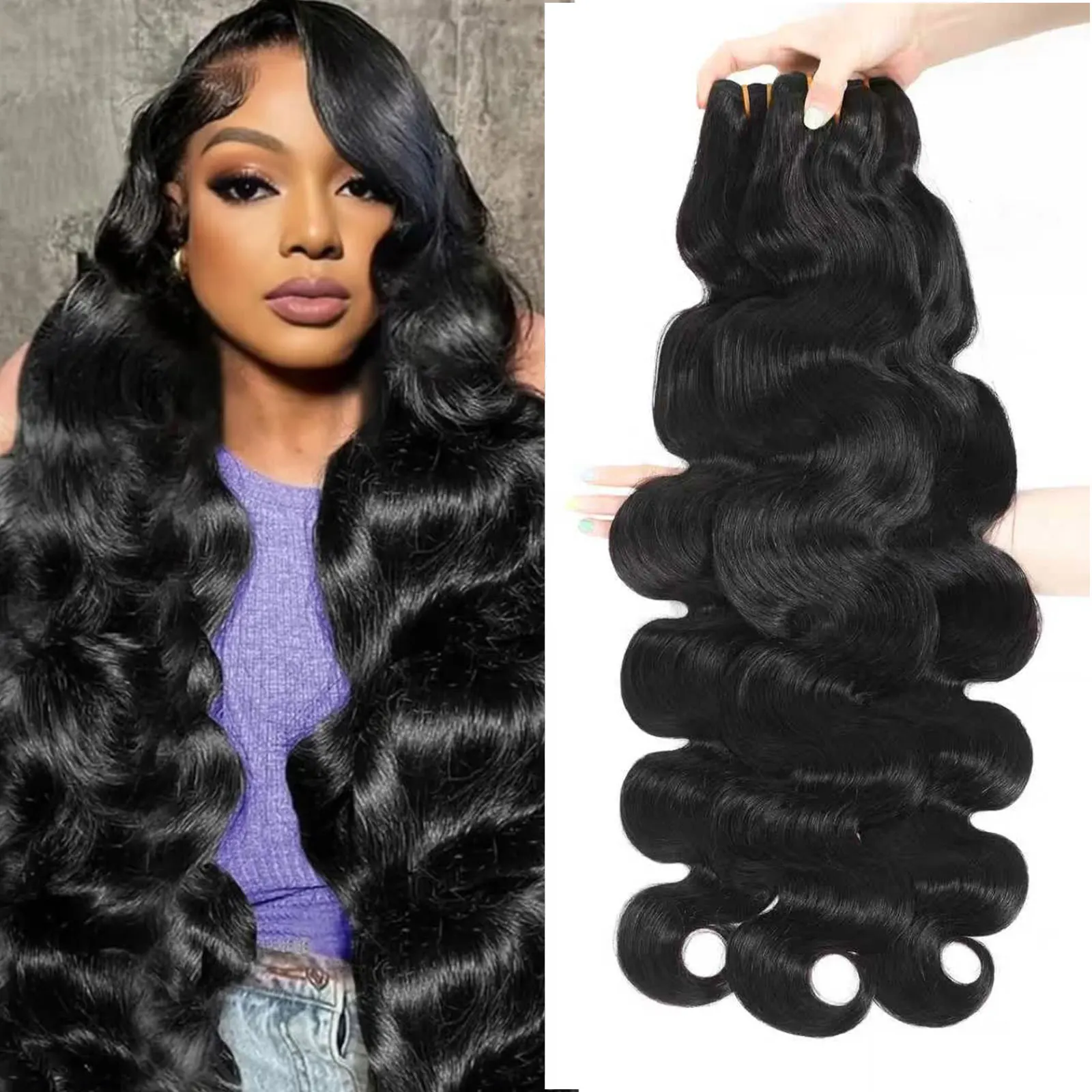 Extensions de cheveux humains Body Wave, noir naturel, Remy, 1/3 pièces, à coudre, pour tissage rapide