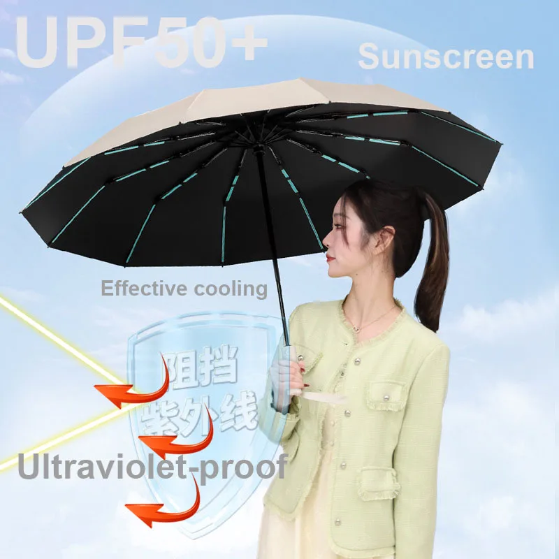 12 Ribs 60 Bone Reinforced Strong Windproof Automatic Umbrella Waterproof Sunproof Anti-UV Folding Umbrellas Men Women Parasol Folding Umbrella Automatic Umbrella Sun Umbrella