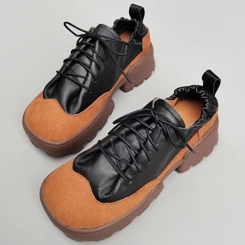 

Man Platform Shoes Lace up Men's Flat Shoes Male Casual Shoes 100% Genuine Leather High Sneakers Spring Autumn Working Shoes