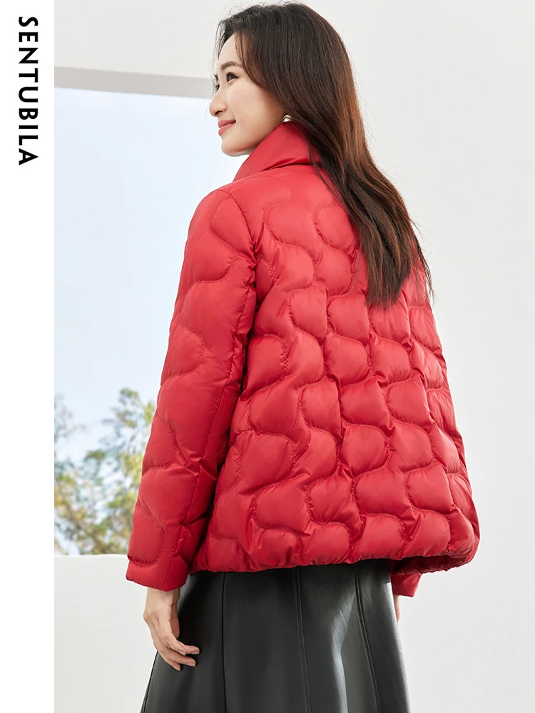 SENTUBILA Crop Down Jacket Woman 2023 Winter Stand Collar 90 White Duck Short Down Coats Warm Wavy Puffer Jackets Top W34Y49503