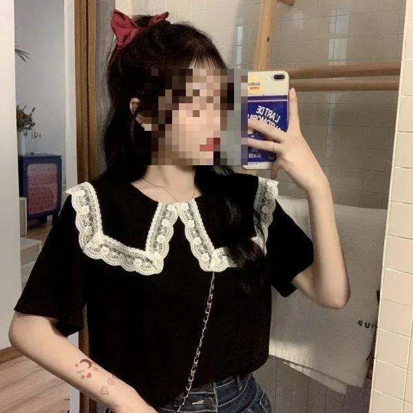 

Lace lace doll collar short sleeve T-shirt women's thin summer 2023 new design sense niche cropped top