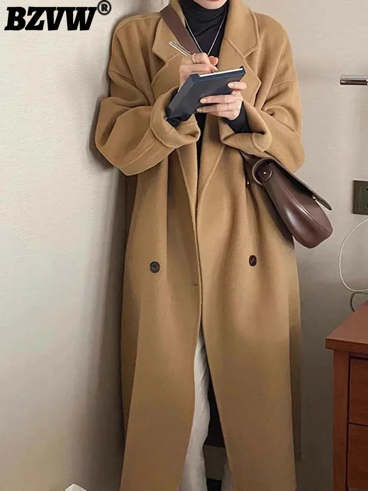 

BZVW Temperament High-end Double Breasted Woolen Long Coat Women's Loose Solid Color Office Lady Overcoat 2023 Autumn Winter New
