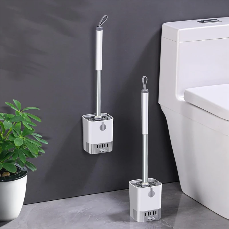 Toilet Brush Set Punch-Free Wall Mounted Toilet Brush With Drainable Base Long Handle Plastic Bathroom Accessories