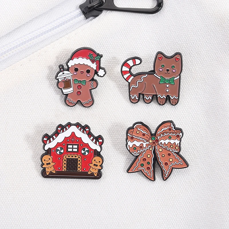 Weihnachten Lebkuchenmann Kekse Emaille Pins süße Katze Schleife Puppe Brosche Rucksack Abzeichen Anstecknadel Schmuck Geschenke für Freunde – Detail 6