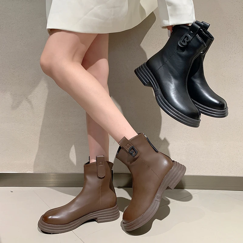 

Shoes Boots Flat Platform Back Zip Round Toe Zipper Winter Footwear Boots-Women Clogs Lolita Ankle Leather 2023 Ladies Med Rock
