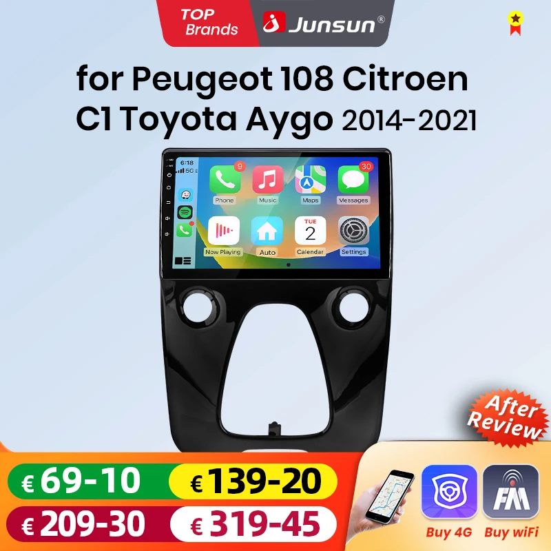 Radio para coche Junsun con Android Auto para Peugeot 108, Citroen C1, Toyota Aygo Mk2 2014 2015-2021, sistema multimedia inalámbrico Apple CarPlay, sistemas inteligentes, pantalla táctil IPS, reproductor de vídeo estéreo, 2 Din, autorradio, unidad principal, navegación, BT, GPS, 4G, WIFI, FM, AM, DSP, RDS, SWC 1