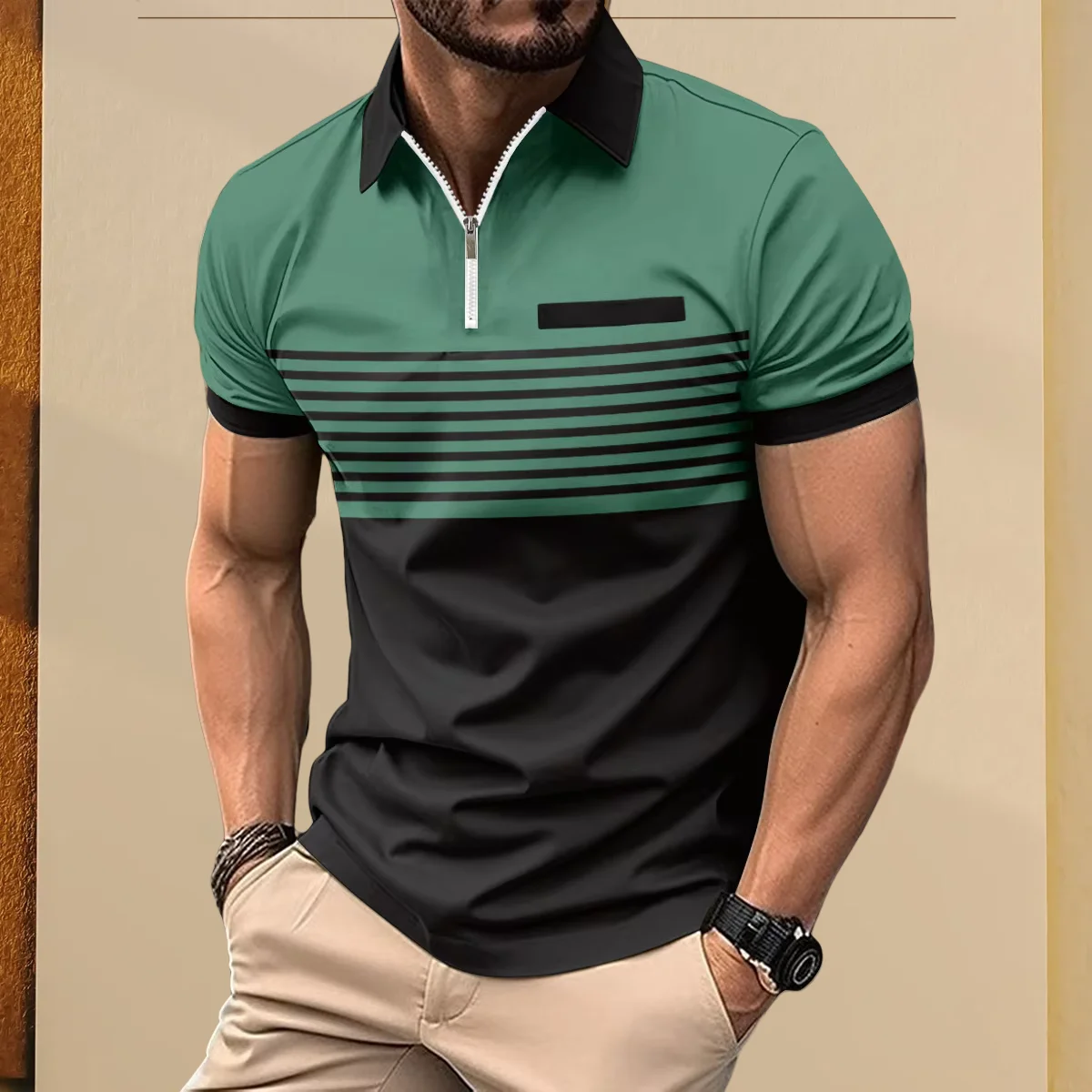 2025 Men's Summer short-sleeved POLO Shirt With Zipper Striped Print, False Pocket Decoration, Casual Business Lapel 11 Sa52dfa05325347e1b0ad2fc5bda9ba8cE