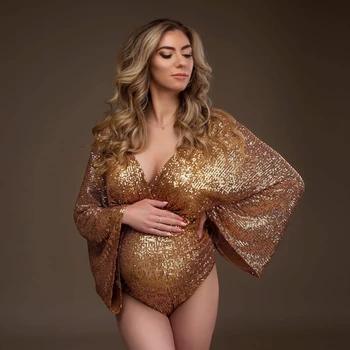 Maternity Photo Shoot Photography Dress For Women Sequins Bodysuit Private Photos Sexy Shiny Long Sleeve Jumpsuit Props Costumes