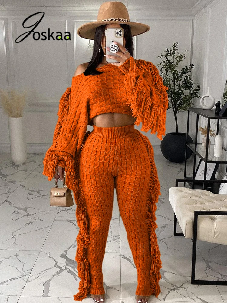 Joskaa Tassel Knitted Sweater 2 Piece Set Long Sleeve Crop Top and