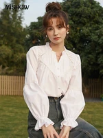 MISHOW French Organ Pleated V-neck Shirt 2024 Spring Petal Patchwork Ruffle Sleeve Solid Pearl Single Breasted Tops MXD13X1354