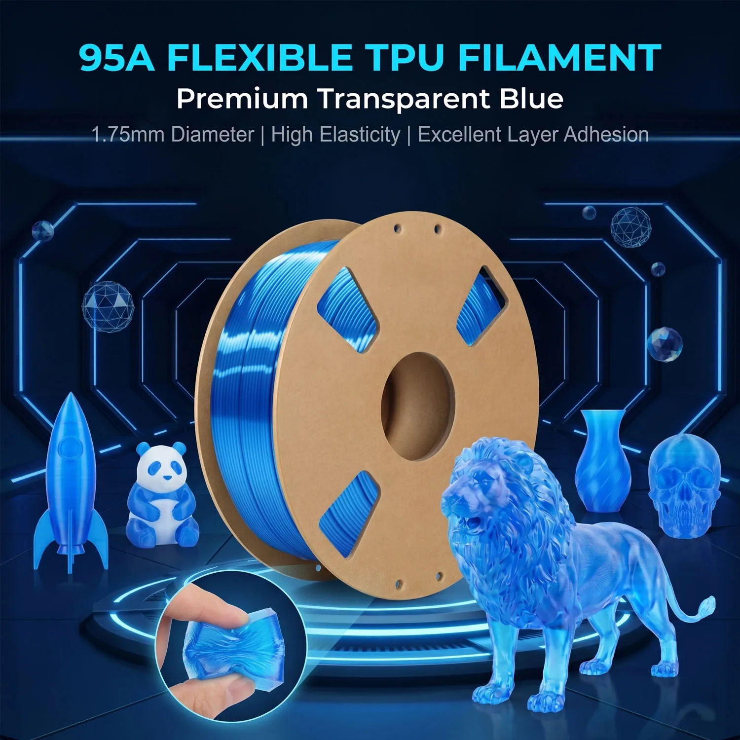 95A 투명 TPU 필라멘트 1.75mm 유연한 3D 프린팅 필라멘트 ±0.03mm 고탄성 습기 방지 논클로그 부드러운 프린팅 스포
