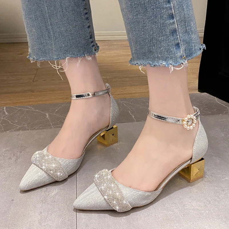 JMPRS Pointed Toe Shiny Crystal Pumps Women 2022 Summer Pearl Buckle High Heels Shoes Woman Silver Glitter Gold Heel Party Shoes