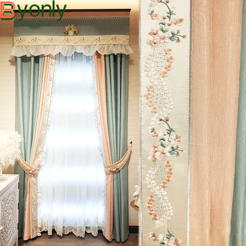 

Customized Pastoral Light Blue Pink Jacquard Lace Patched Curtains for Living Room Bedroom French Window Balcony Bay Window