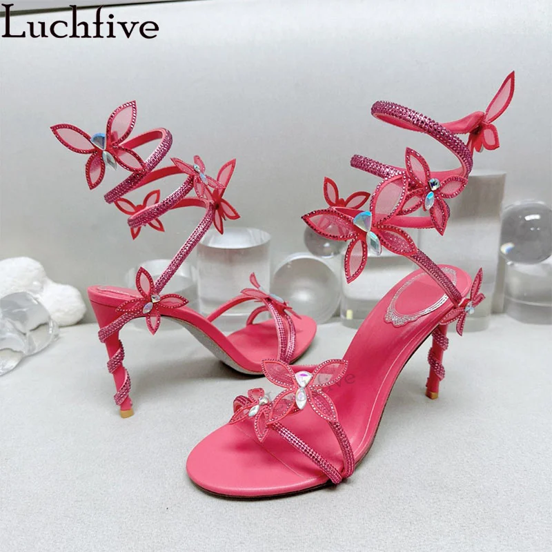 

Luxury Hot Sale Crystal Flower Wedding Shoes Women Coiled Ankle Strap High Heel Party Shoes Summer Sexy Gladiator Strappy Sandal