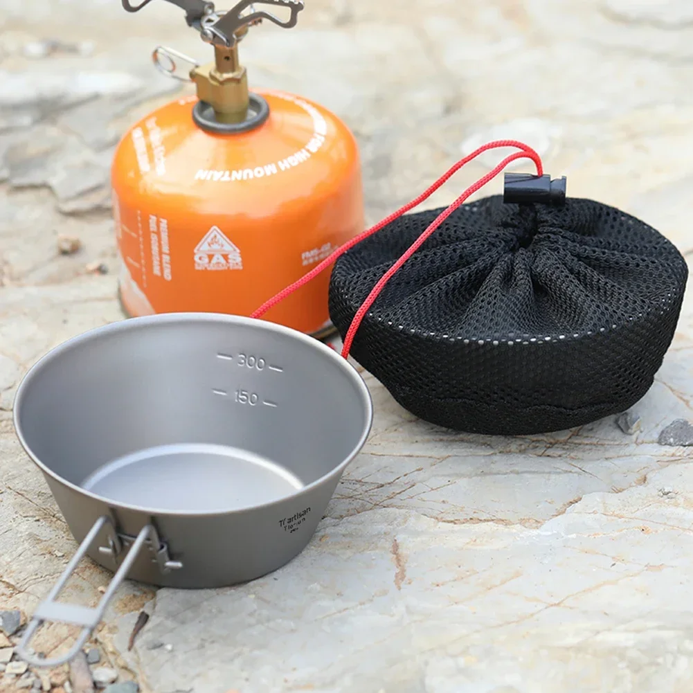 메쉬 백이 있는 캠핑 그릇, 티타늄 시에라 컵, 초경량 접이식 그릇 냄비, 하이킹 피크닉 야외 식기, 300ml, 450ml, 1 개