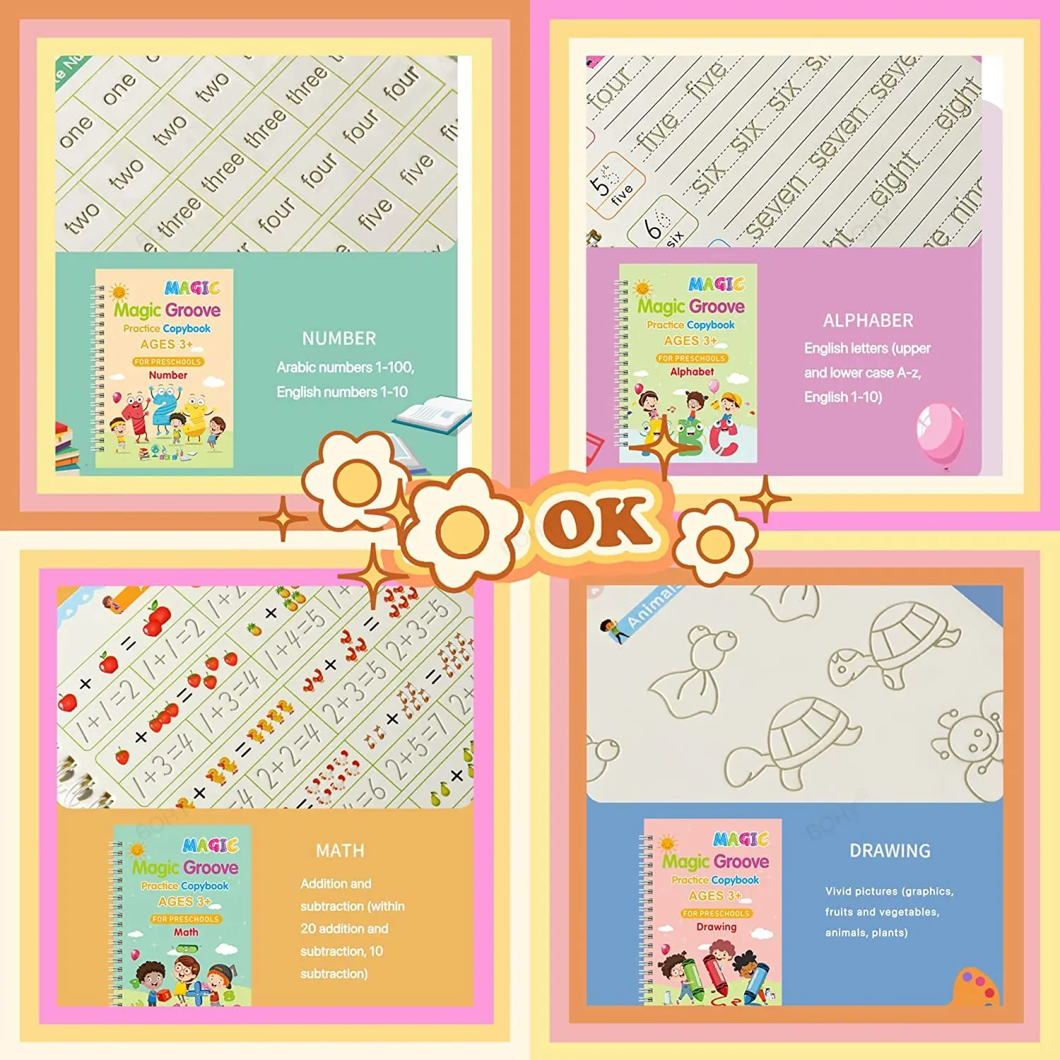 Libri di scrittura a mano scanalati per bambini quaderno di pratica magica  combinazione di scrittura corsiva calligrafia per l'asilo prescolare -  AliExpress, image size:1500x1500