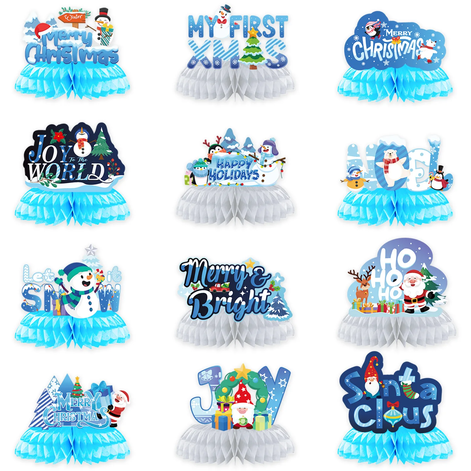 

Ice Blue Christmas Honeycomb Cartoon Santa Claus Snowman Bear Penguin Pendant Xmas Decoration 2024 Merry Christmas Ornaments