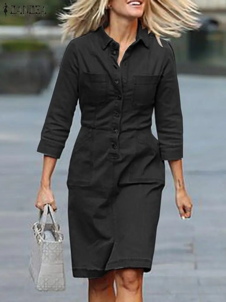 

ZANZEA Fashion OL Work Shirtdress Woman Vintage Solid Color Dress Autumn 3/4 Sleeve Lapel Neck Dresses Elegant Party Robe 2023
